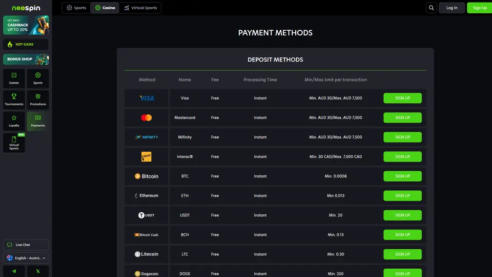 Neospin payments page