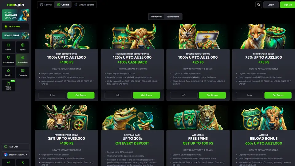 Neospin promotions page with the welcome bonus