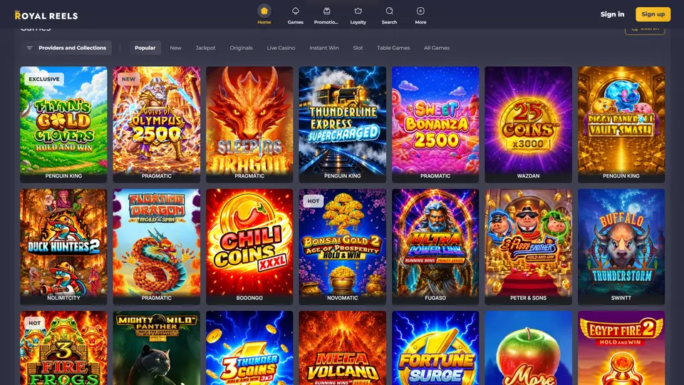 Game sections on the Royal Reels homepage