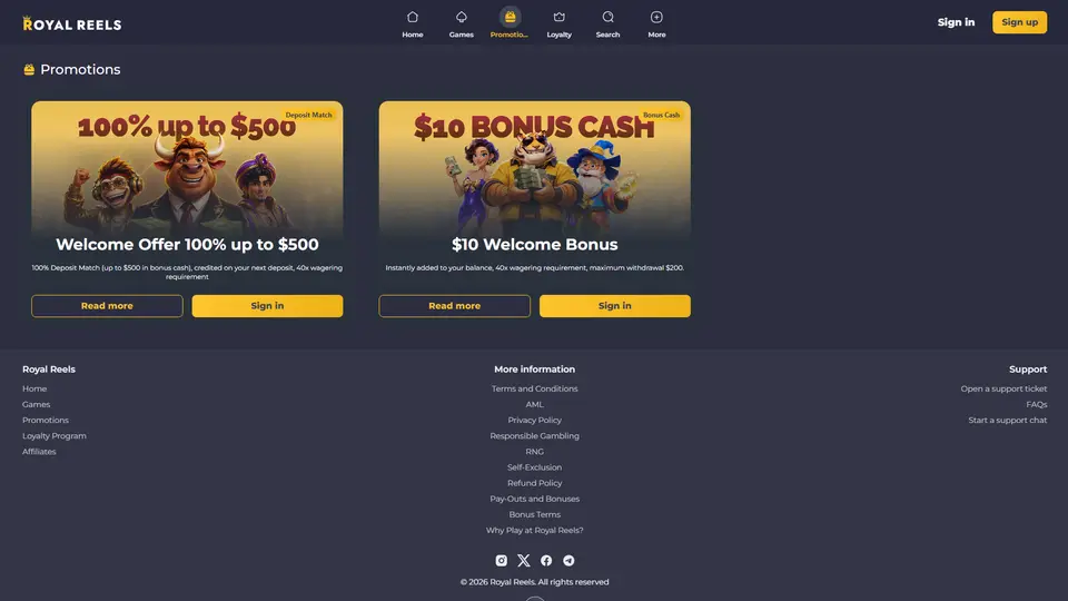 Royal Reels promotions page
