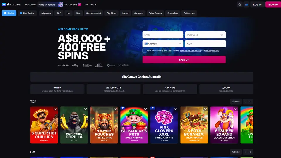 SkyCrown homepage and lobby