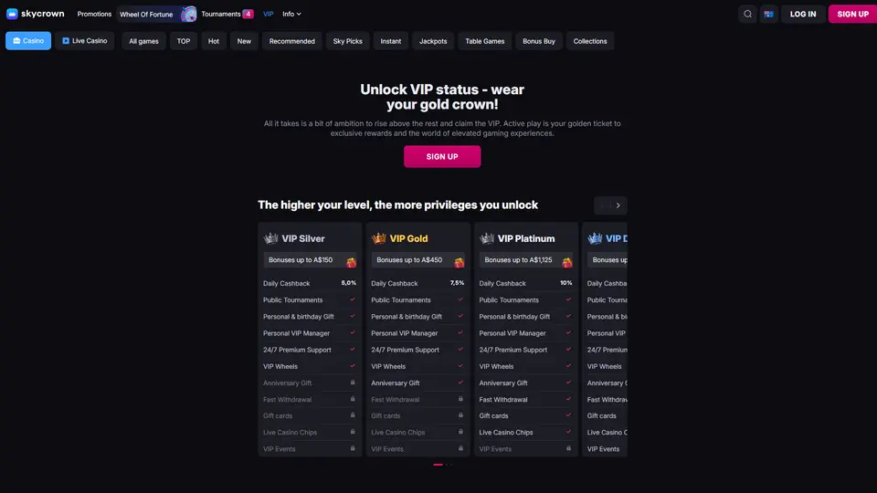 SkyCrown VIP page with five tiers