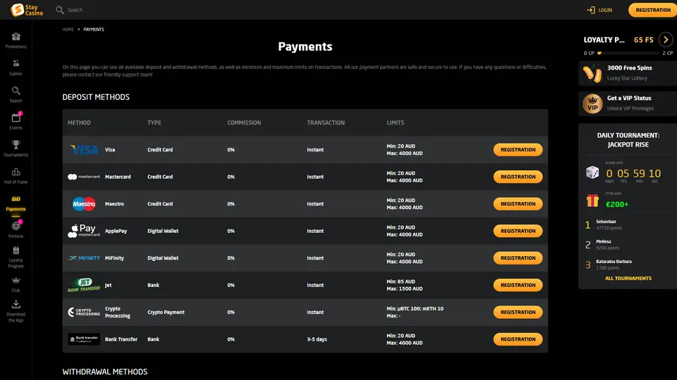 Stay Casino payments page