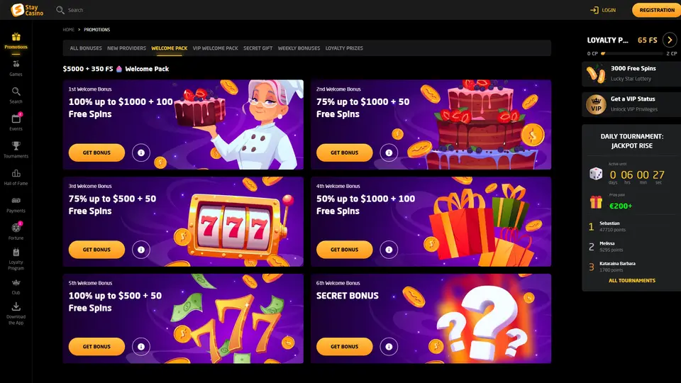 Stay Casino welcome pack on the promotions page