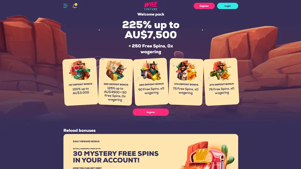 Wild Fortune bonuses page with the welcome offer
